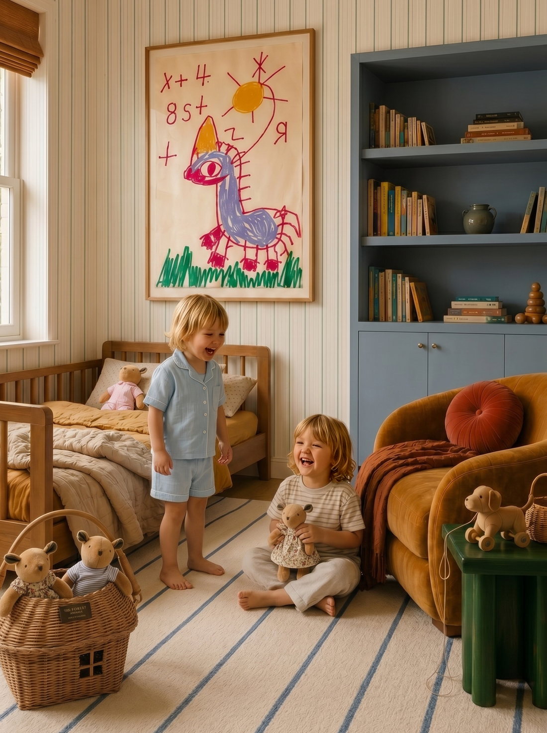 The Thompson Family plush dolls in a children's bedroom during playtime.